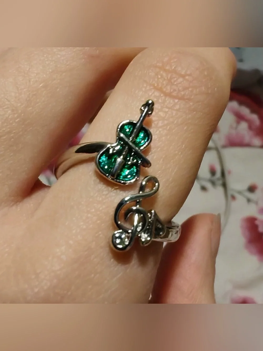 Silver Green Clover Open Ring
